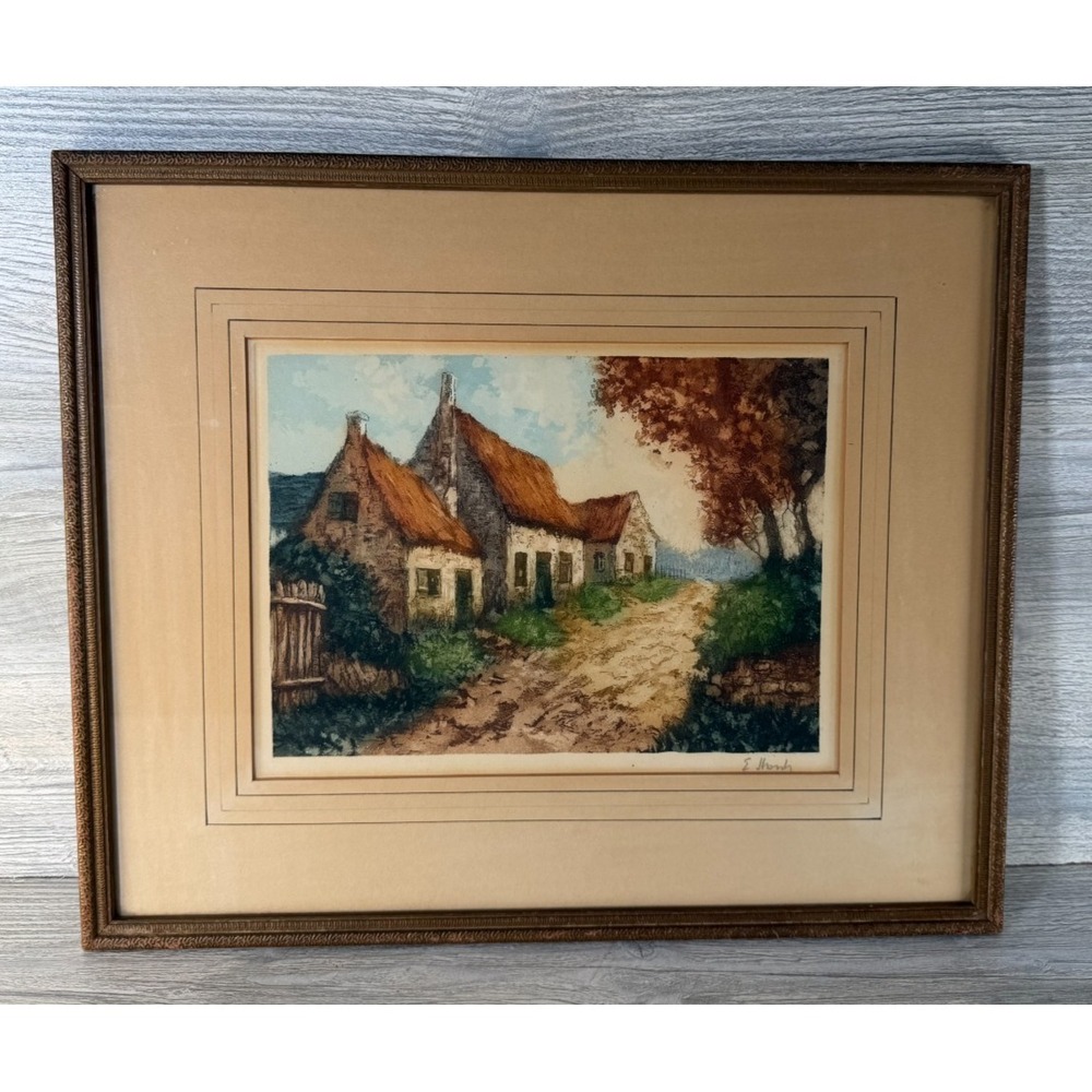 Antique Painting Watercolor Signed Rustic Country Cottage Barn House Framed Art